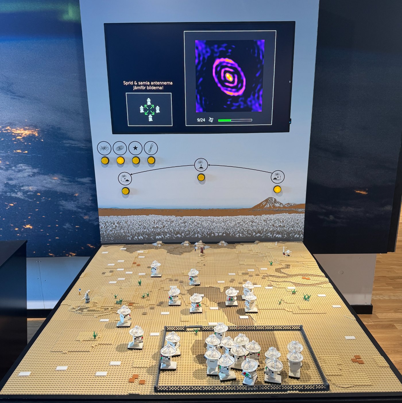 The final LEGO ALMA installation: the Python interface on the screen above the physical buttons and the LEGO board with antennas