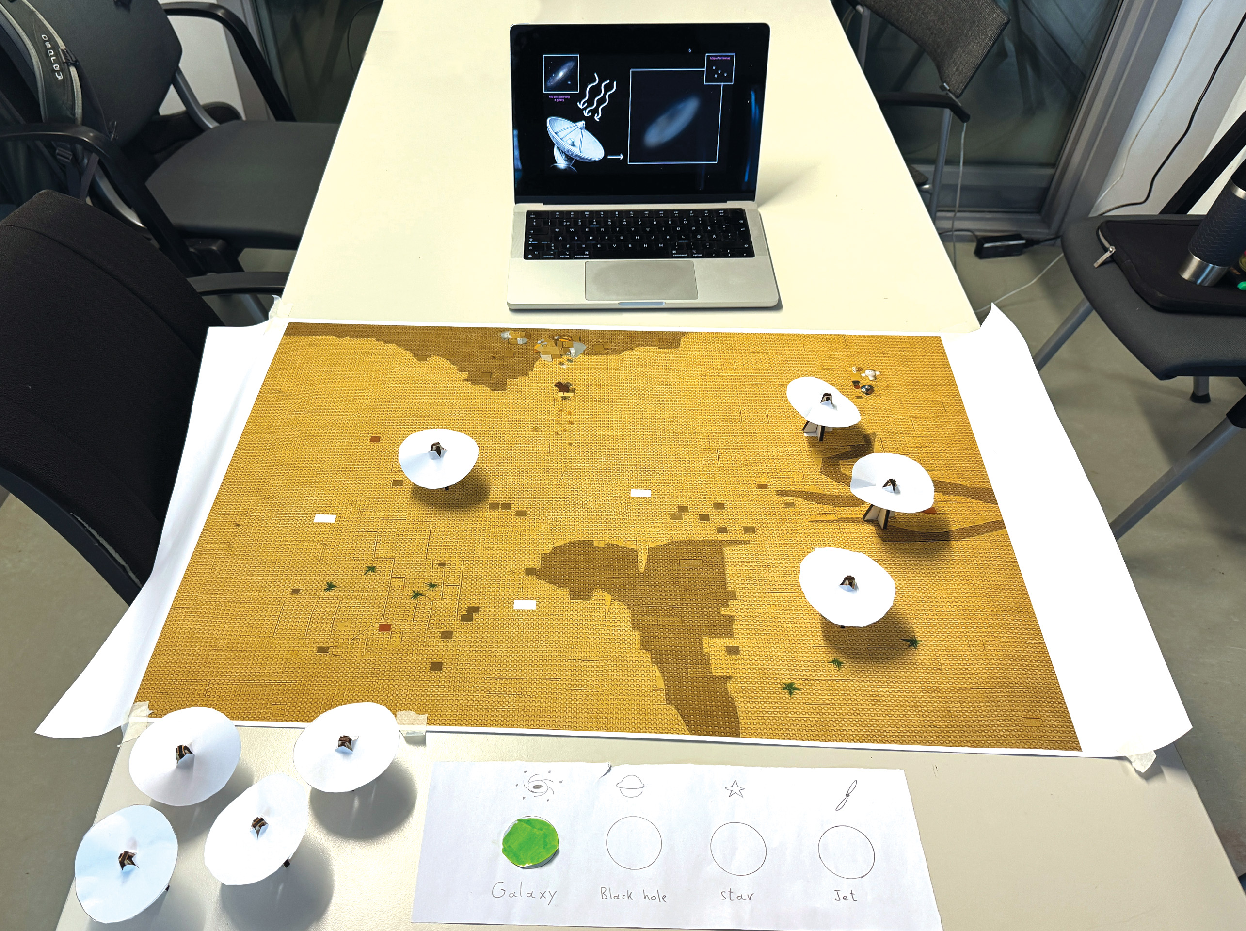 Low-fidelity prototype: paper antennas on a printed board, a paper button strip for Galaxy, Black hole, Star and Jet, and a laptop showing the wireframe screen