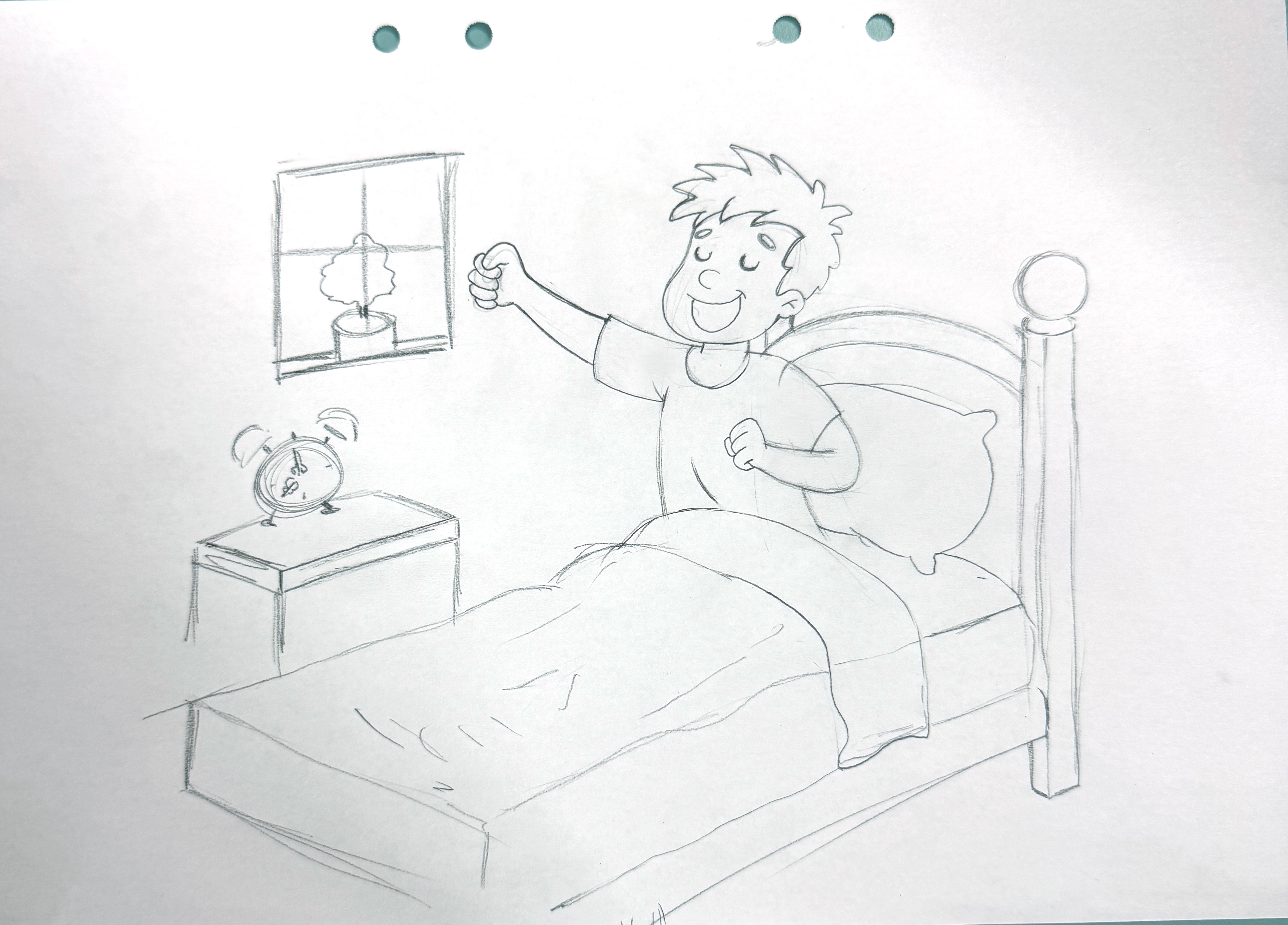 Hand-drawn sketch - Steve waking to the alarm