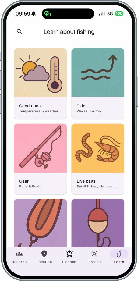 Learn about fishing main page with topic tiles