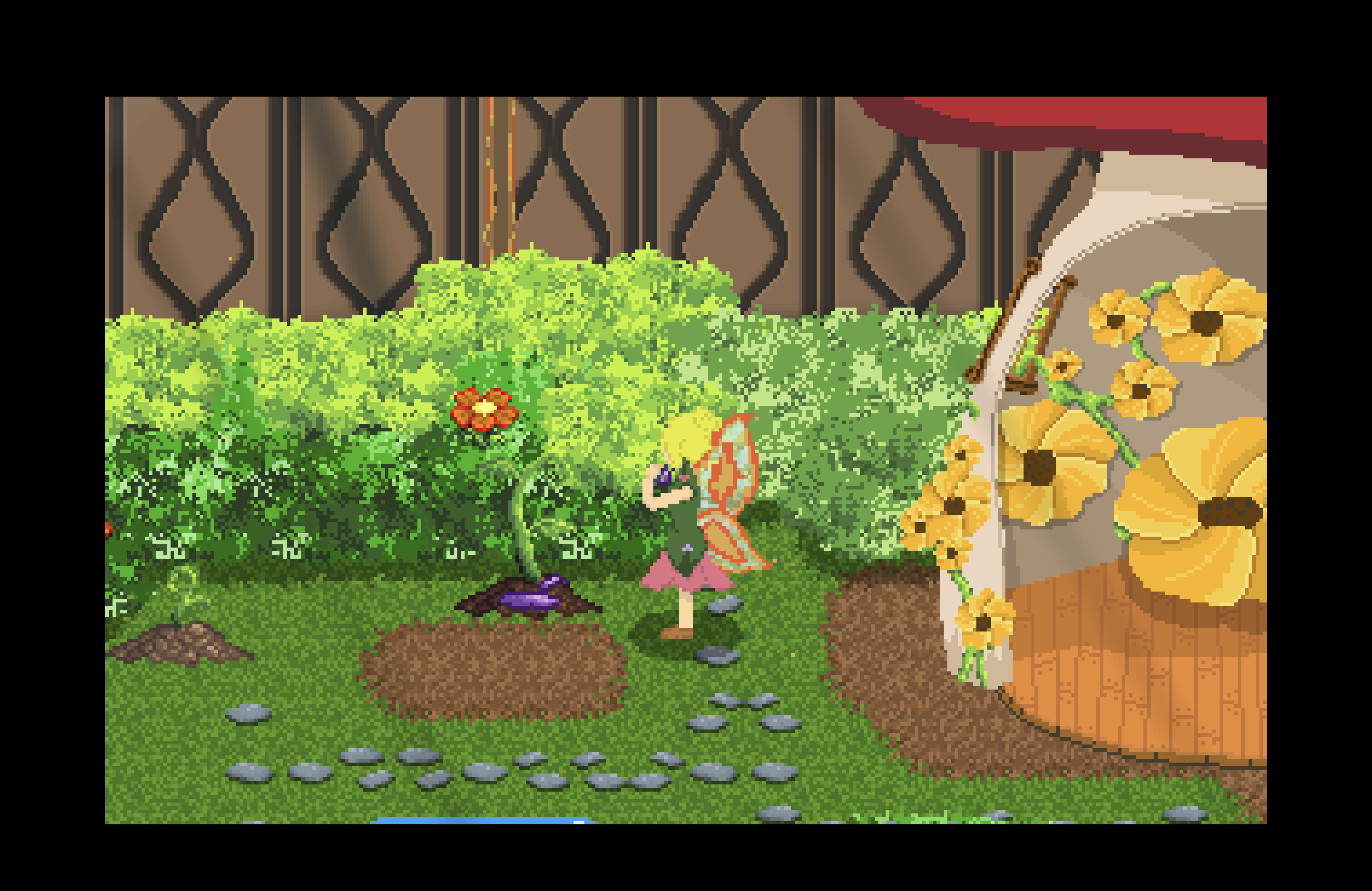 The fairy eats a fruit from the flower