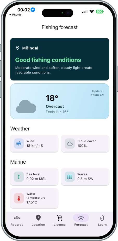 Forecast after — fishing conditions summary with weather and marine data