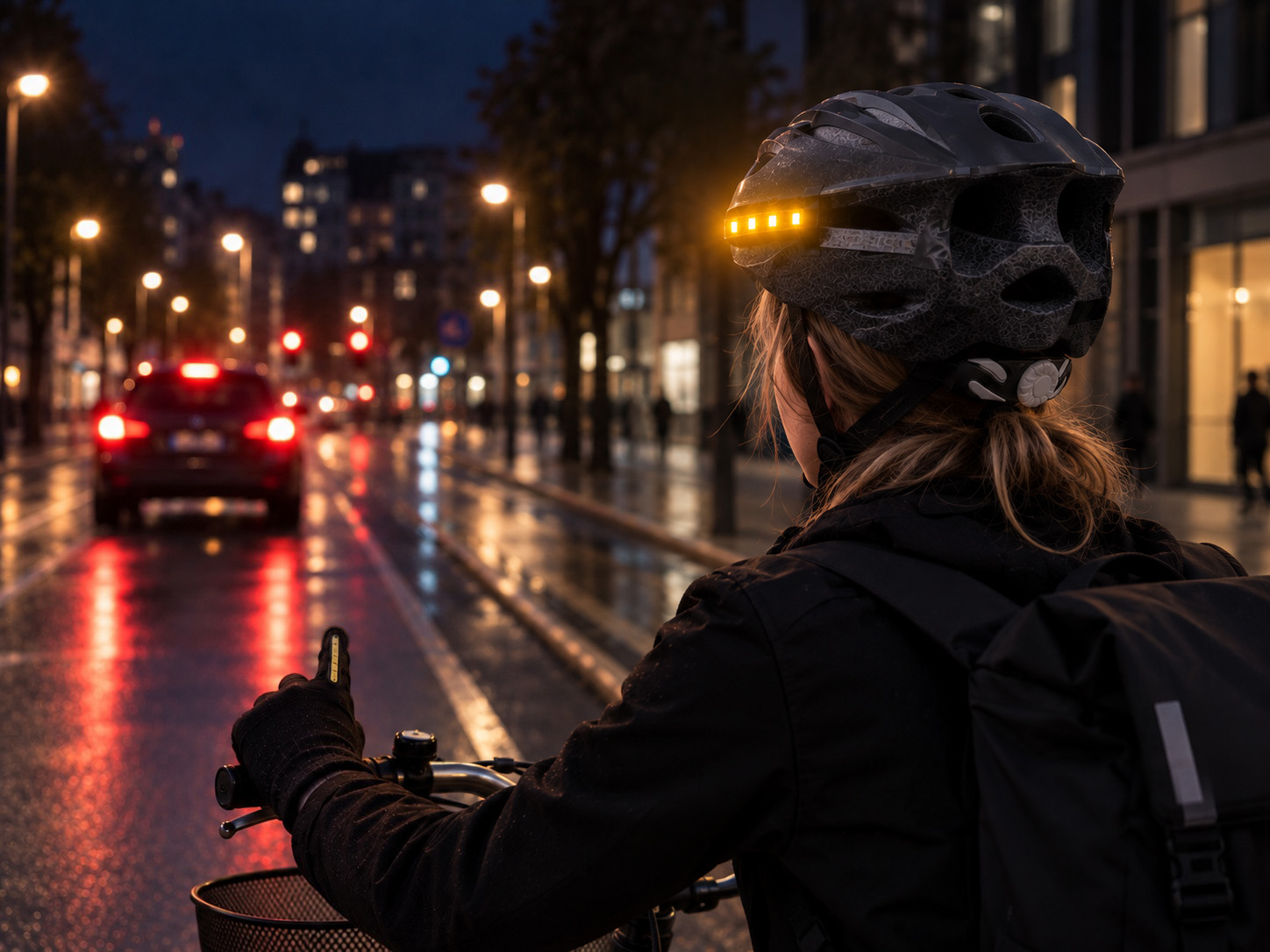 Cyclist at night with the helmet's orange turn signal lit