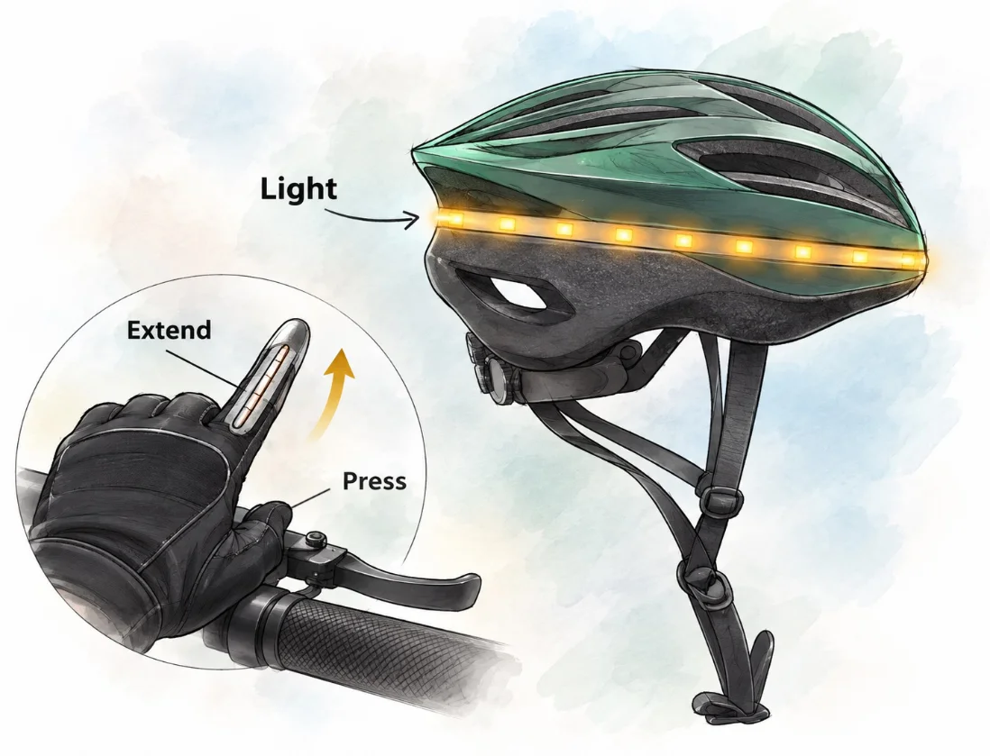 Helmet sketch: step 1 press the thumb, step 2 extend the index finger, then the helmet light turns on