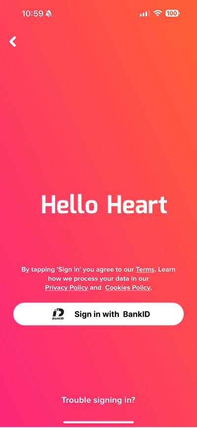 Hello Heart sign-in screen with one Sign in with BankID button