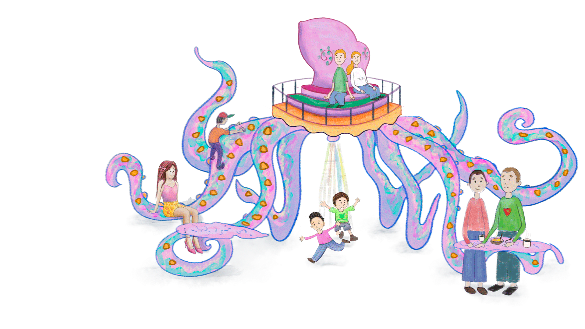 Illustration of Octotorg: people climbing the tentacles, sitting on the head, eating at the tentacle tables and children playing under the colour light