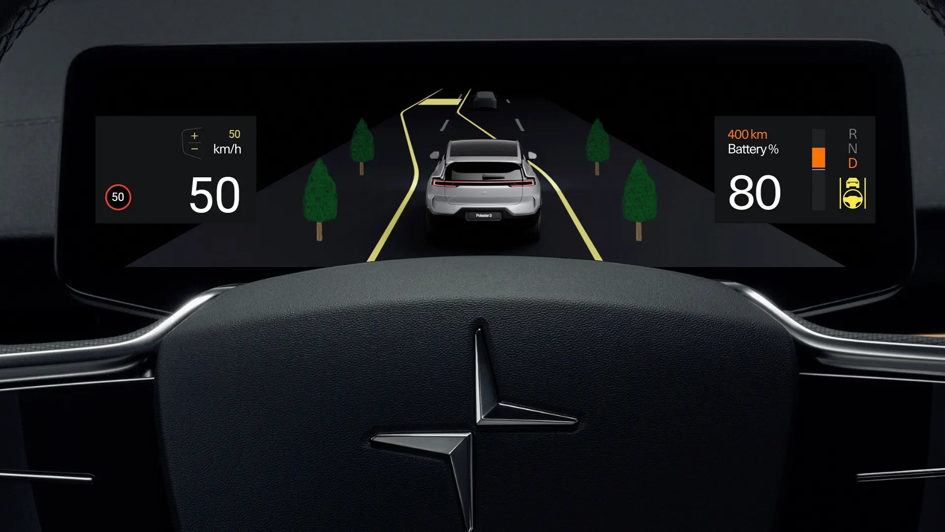 Driver display: as speed rises from 50 to 100 km/h, the trees thin out until they are bare
