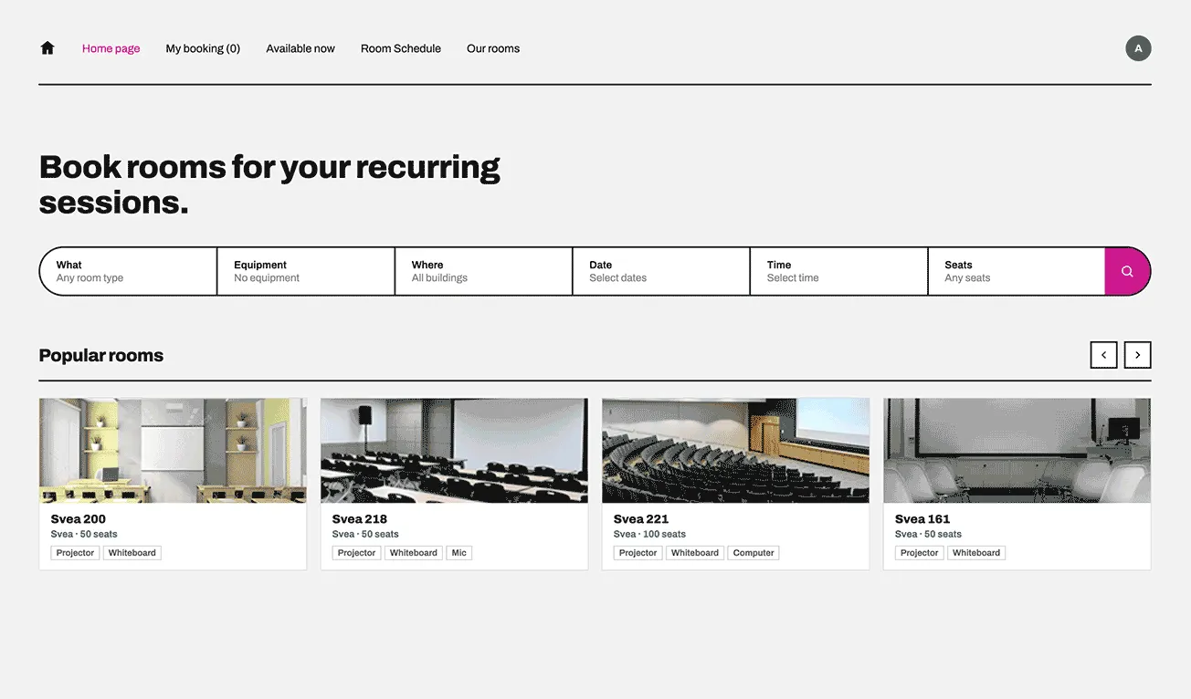 Homepage — selecting what, where, when