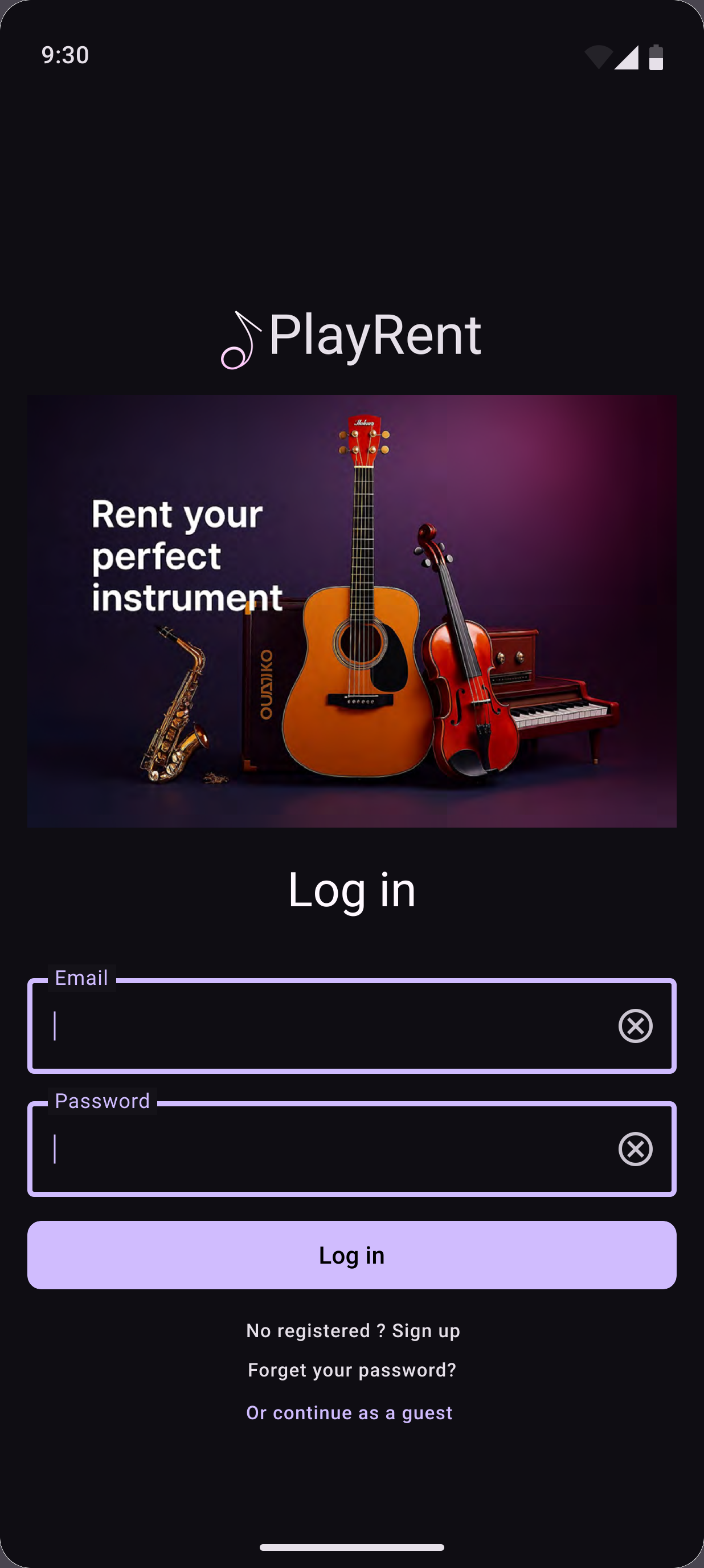 PlayRent log in screen