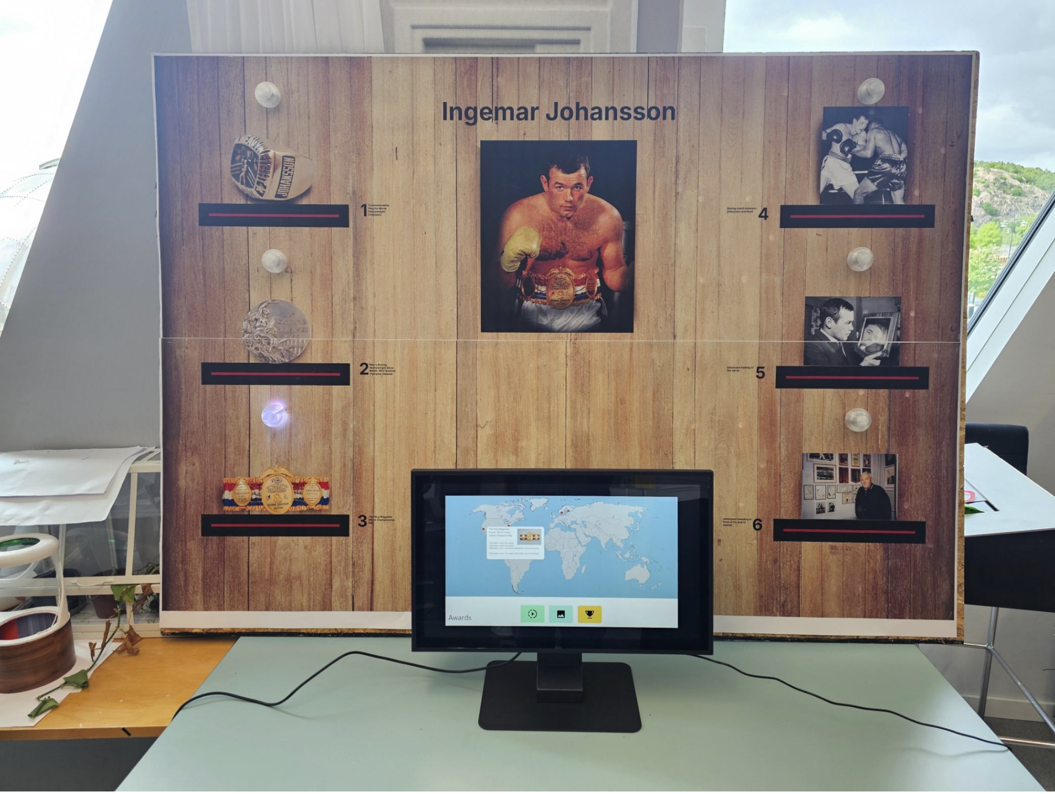 Board with shelves, artefacts and lights