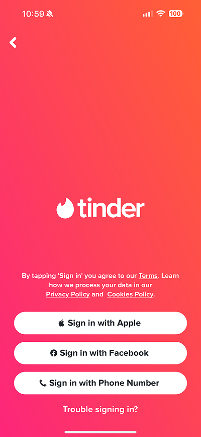 Tinder sign-in screen with Apple, Facebook and phone number buttons